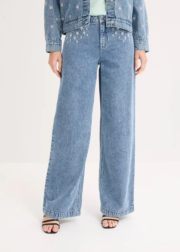 Wide-Leg-Jeans Mid Waist, Baumwolle in blau von vorne - bonprix