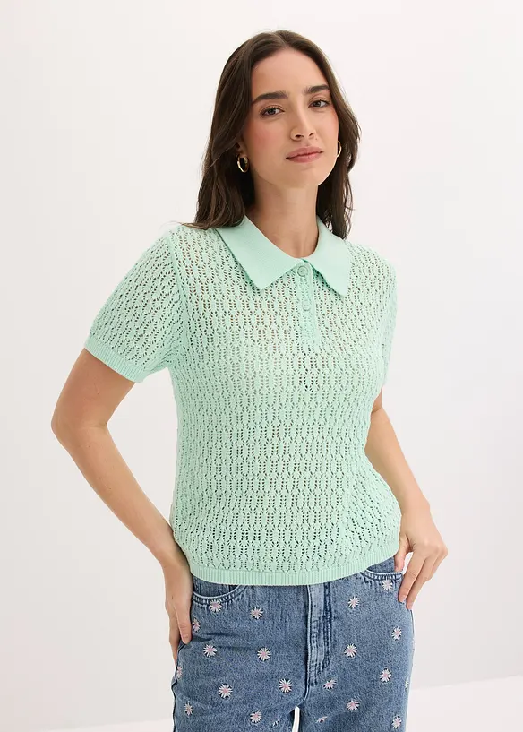 Ajour-Pullover aus reiner Baumwolle in grün von vorne (im Anschnitt) - bonprix