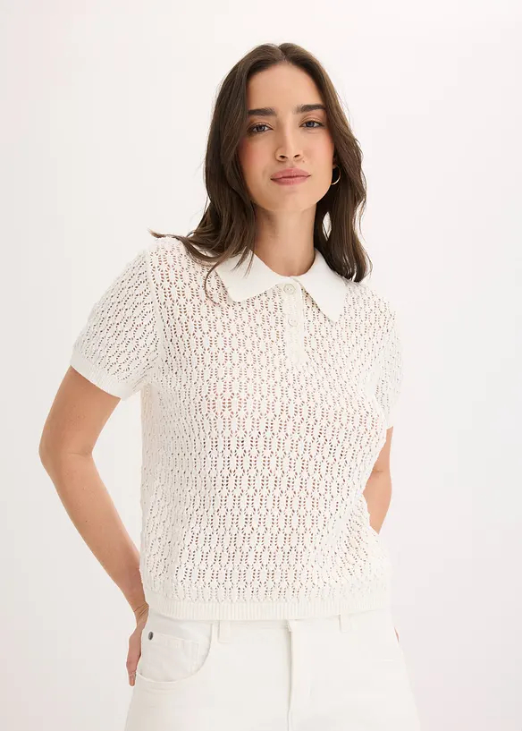 Ajour-Pullover aus reiner Baumwolle in weiß von vorne (im Anschnitt) - bonprix