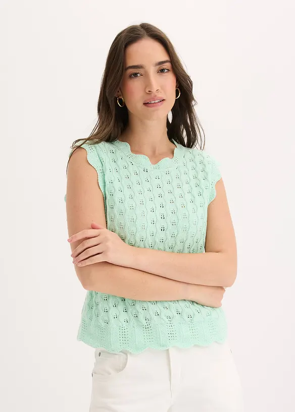 Stricktop aus reiner Baumwolle in grün von vorne (im Anschnitt) - bonprix