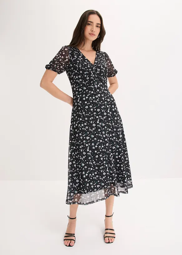 Jerseykleid aus feinem Mesh in schwarz von vorne (Totalaufnahme) - bonprix