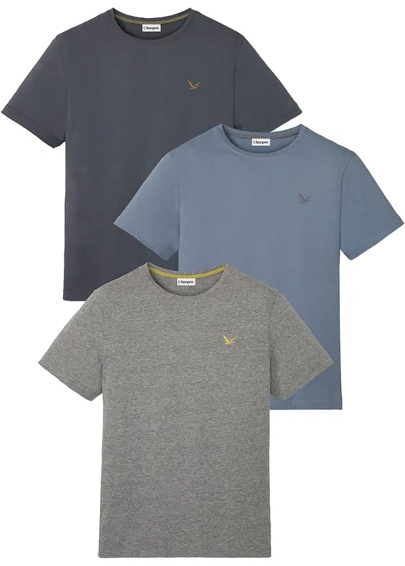 T-Shirt in Regular Fit (3er Pack) in blau von vorne - bonprix