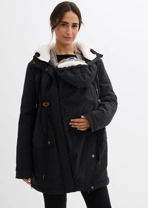 3-in-1 kuschelig gefütterte Umstands- und Tragejacke in schwarz von vorne (im Anschnitt) - bonprix
