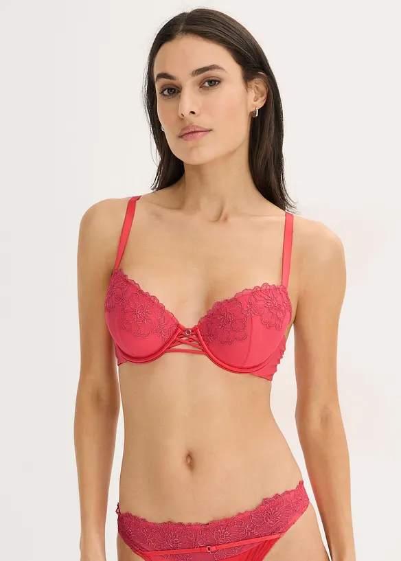 Schalen-BH mit floraler Glitzerstickerei in pink von vorne (im Anschnitt) - bonprix