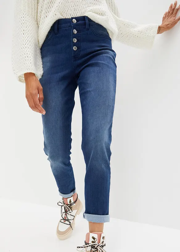 Boyfriend Mid Waist, Thermojeans mit weicher Innenseite in blau von vorne - bonprix