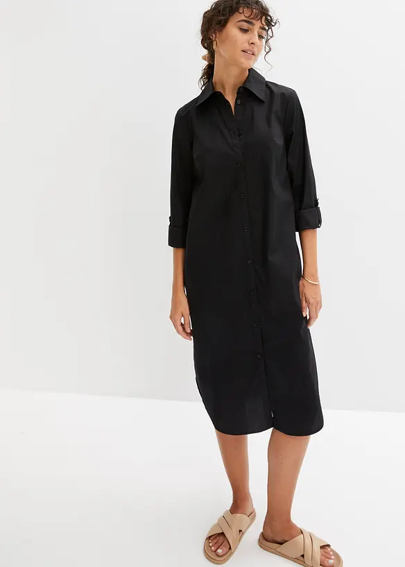 Hemdblusenkleid aus Baumwoll-Popeline in schwarz von vorne (Totalaufnahme) - bonprix Hemdblusenkleid aus Baumwoll-Popeline in schwarz von vorne (Totalaufnahme) - bonprix