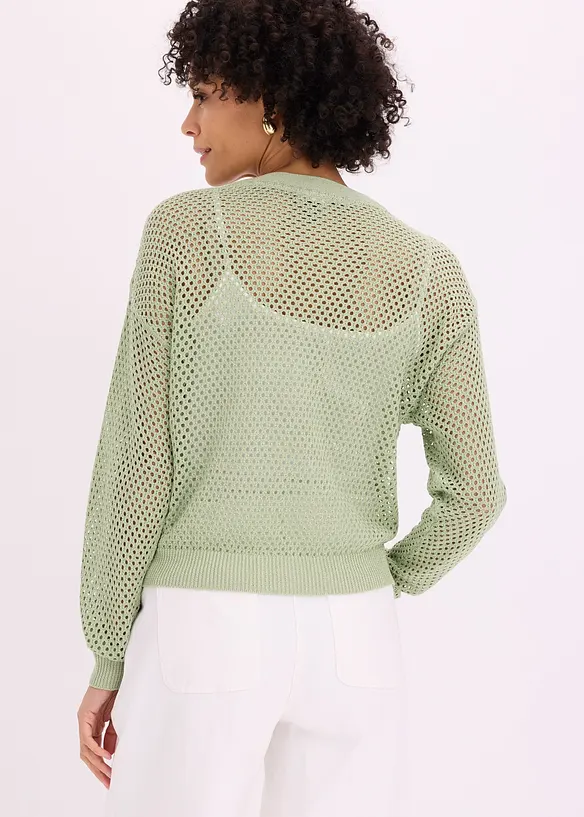 Ajour-Strickjacke mit Glitzereffekt in grün von hinten (im Anschnitt) - bonprix