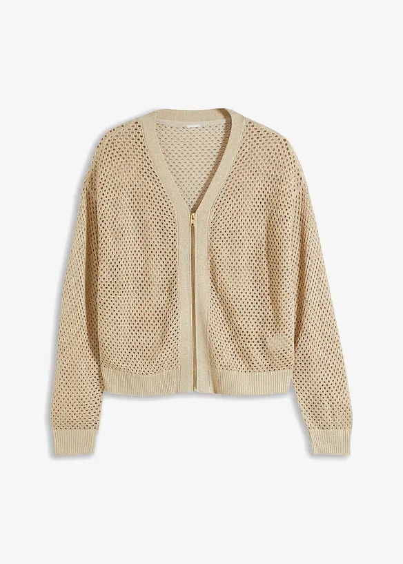 Ajour-Strickjacke mit Glitzereffekt in beige von vorne - bonprix