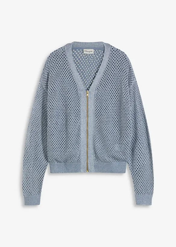 Ajour-Strickjacke mit Glitzereffekt in blau von vorne - bonprix