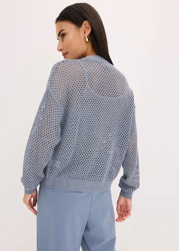 Ajour-Strickjacke mit Glitzereffekt in blau von hinten (im Anschnitt) - bonprix