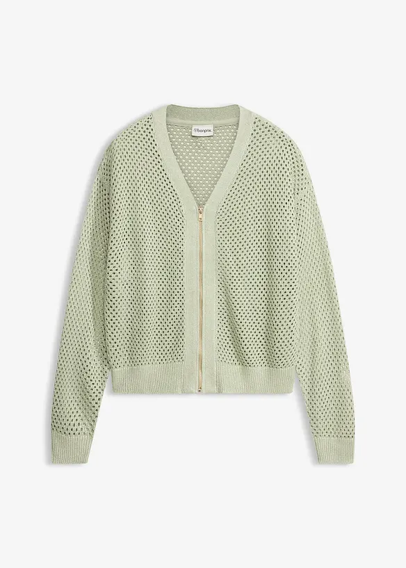 Ajour-Strickjacke mit Glitzereffekt in grün von vorne - bonprix