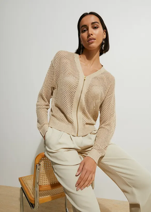 Ajour-Strickjacke mit Glitzereffekt in beige von vorne (im Anschnitt) - bonprix