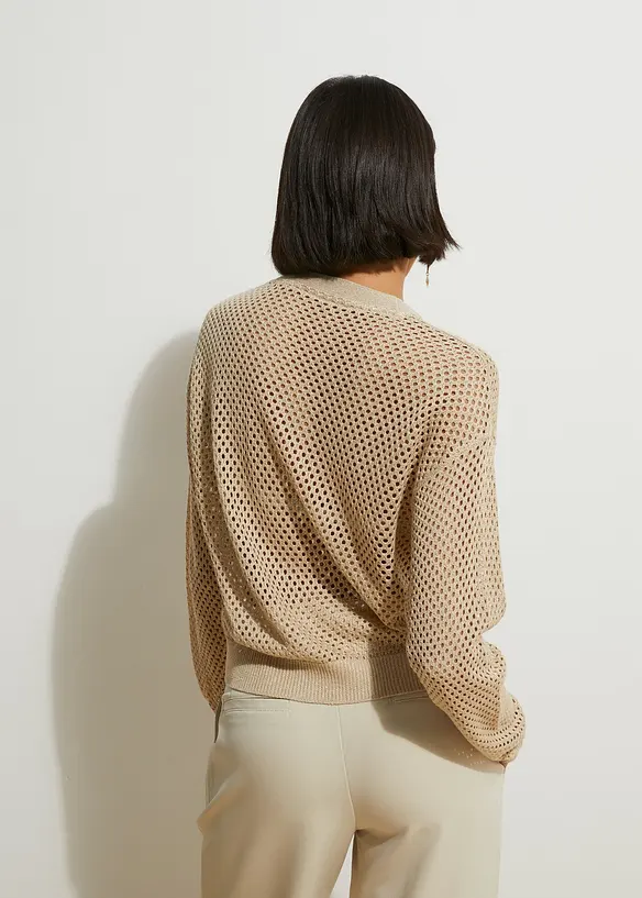 Ajour-Strickjacke mit Glitzereffekt in beige von hinten (im Anschnitt) - bonprix