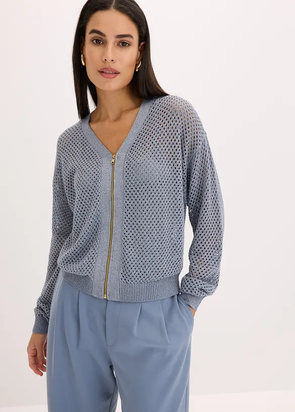 Ajour-Strickjacke mit Glitzereffekt in blau von vorne (im Anschnitt) - bonprix