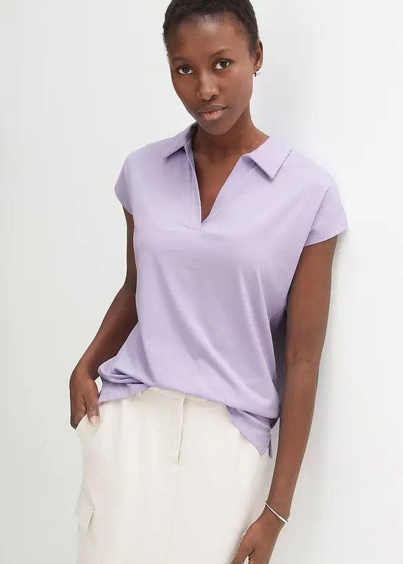 Poloshirt aus elastischem Baumwoll-Mix in lila von vorne (im Anschnitt) - bonprix