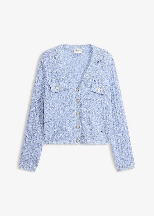 Bouclé Strickjacke in blau von vorne - bonprix