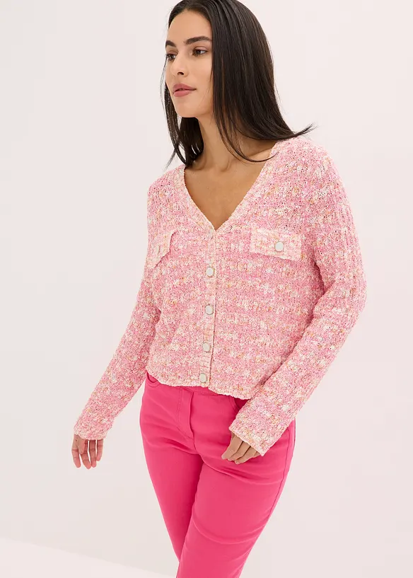Bouclé Strickjacke in pink von vorne (im Anschnitt) - bonprix