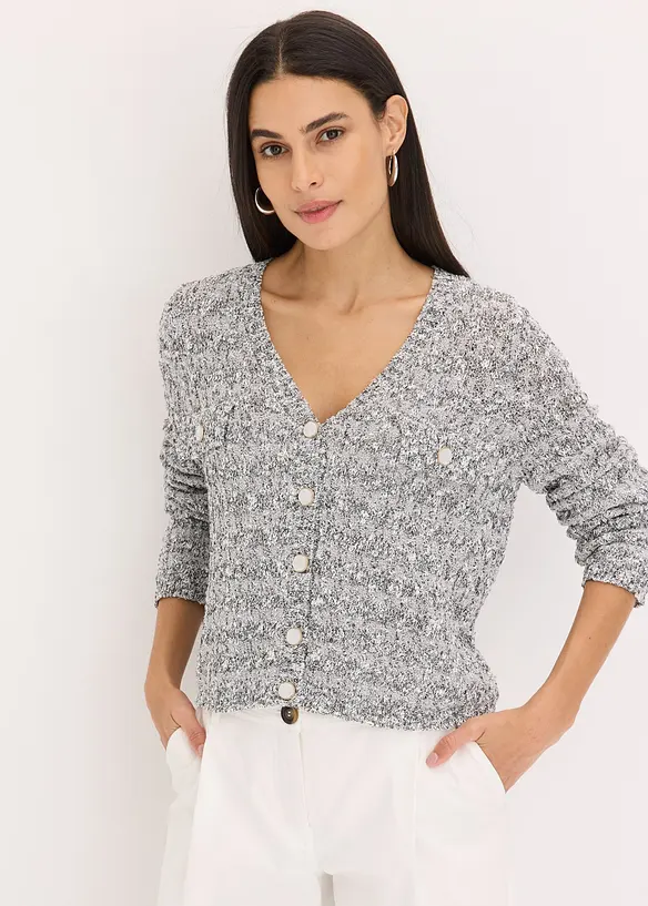 Bouclé Strickjacke in grau von vorne (im Anschnitt) - bonprix