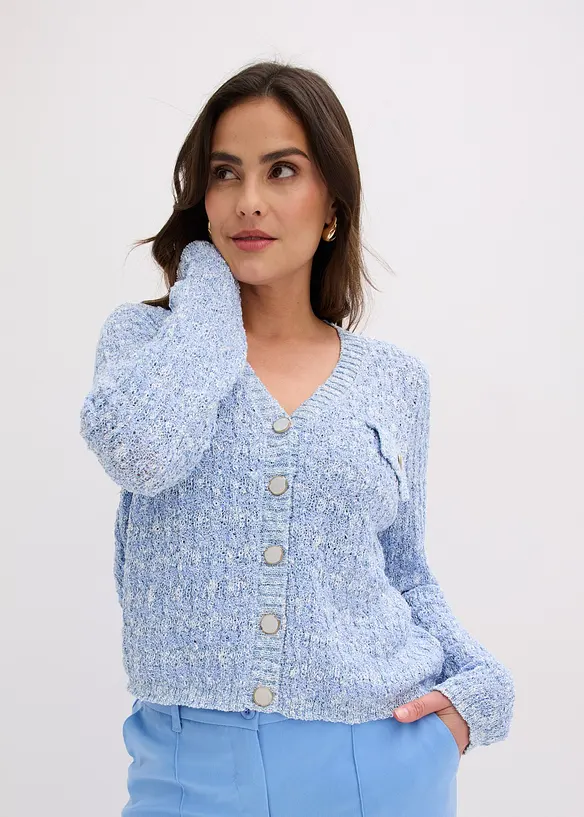Bouclé Strickjacke in blau von vorne (im Anschnitt) - bonprix