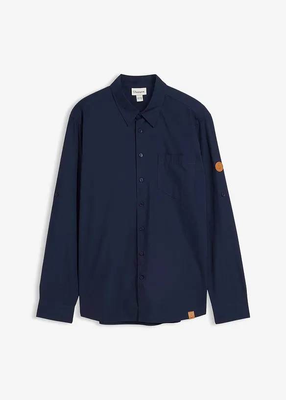 Langarmhemd mit Krempelarm aus Bio-Baumwolle in Regular Fit in blau von vorne - bonprix