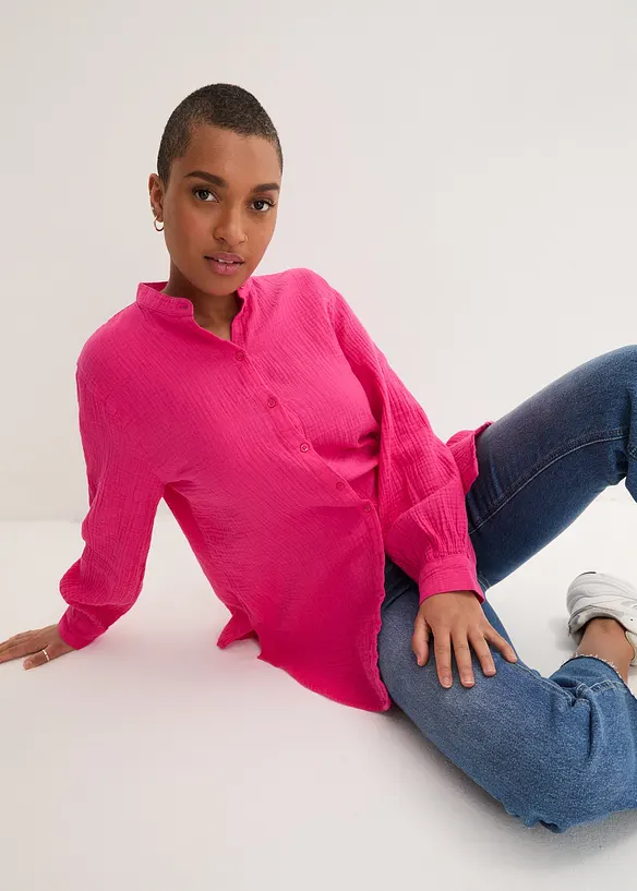 Musselin-Longbluse aus reiner Baumwolle in pink von vorne (im Anschnitt) - bonprix