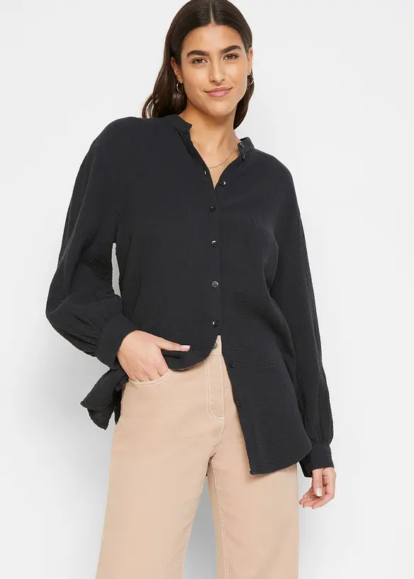 Musselin-Longbluse aus reiner Baumwolle in schwarz von vorne (im Anschnitt) - bonprix Musselin-Longbluse aus reiner Baumwolle in schwarz von vorne (im Anschnitt) - bonprix