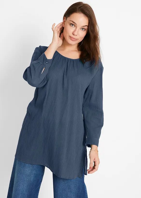 Long-Tunika aus Baumwolle in blau von vorne (im Anschnitt) - bonprix