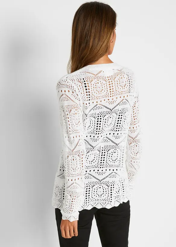 Ajour-Strickjacke in weiß von hinten (im Anschnitt) - bonprix