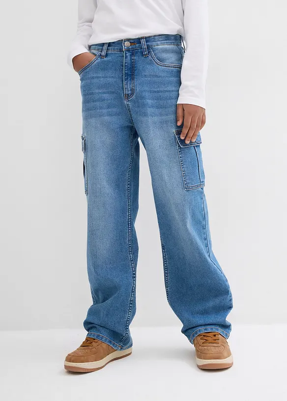 Loose-Fit-Stretch-Jeans mitverstellbarem Bund, Straight in blau von vorne - bonprix