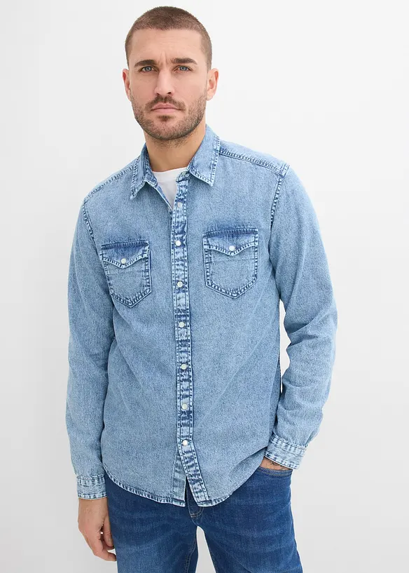 Jeanshemd aus reiner Bio-Baumwolle in blau von vorne (im Anschnitt) - bonprix