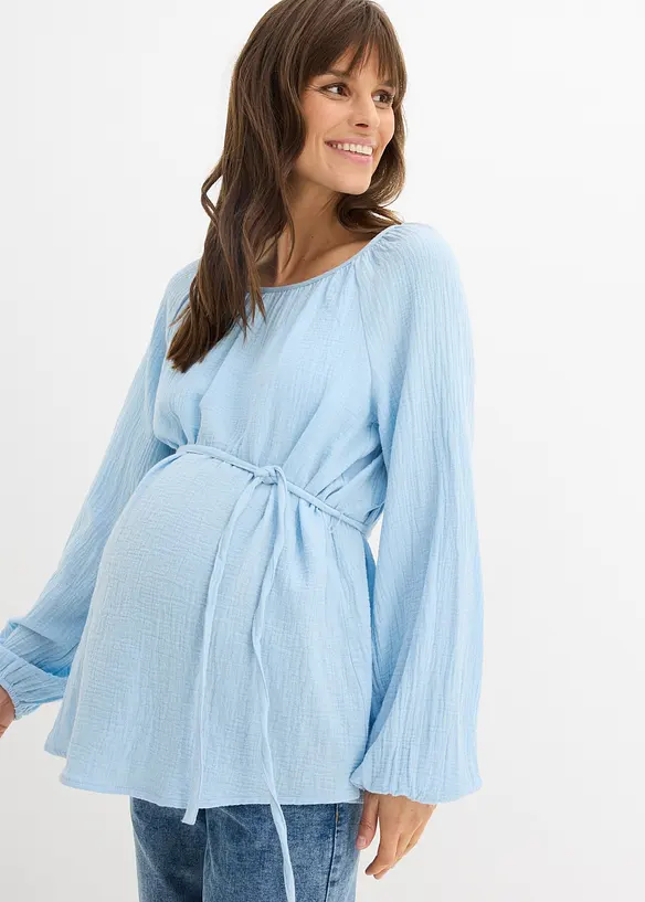 Umstandsbluse aus reinem Baumwollmusselin in blau von vorne (im Anschnitt) - bonprix