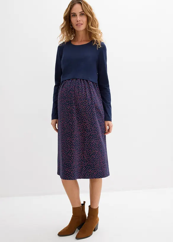3-in-1 Set aus Umstands-Stillkleid + Shirt aus Bio-Baumwolle (2-tlg. Set) in blau von vorne (Totalaufnahme) - bonprix