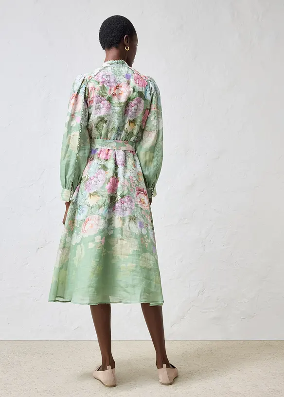 Midikleid aus Ramie (2 tlg.Set mit Gürtel) in grün von hinten (Totalaufnahme) - bonprix