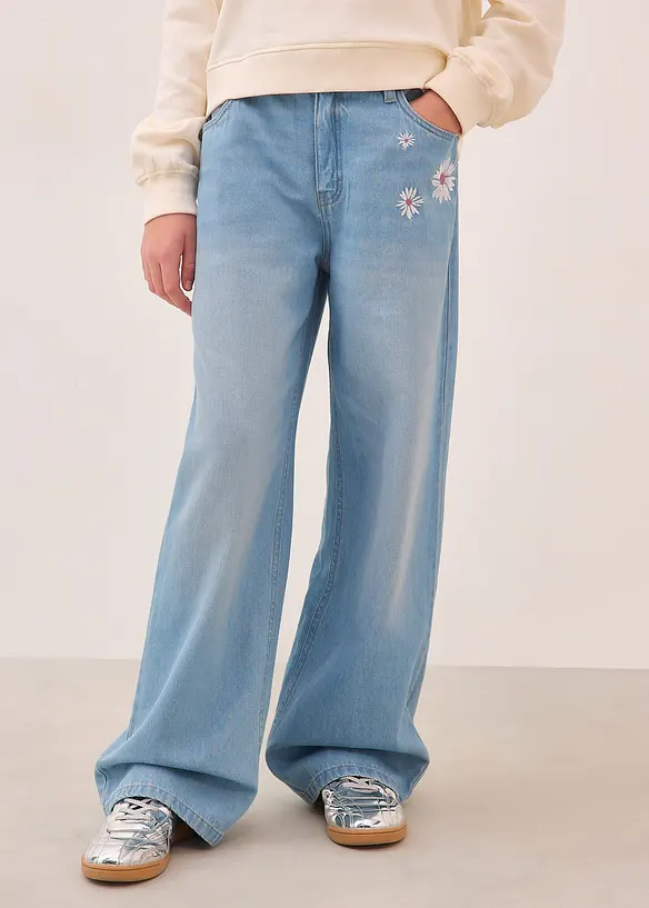 Wide-Leg-Jeans Mid Waist in blau von vorne - bonprix