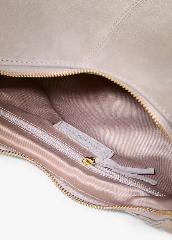 Umhängetasche aus Veloursleder in beige geöffnet - bonprix
