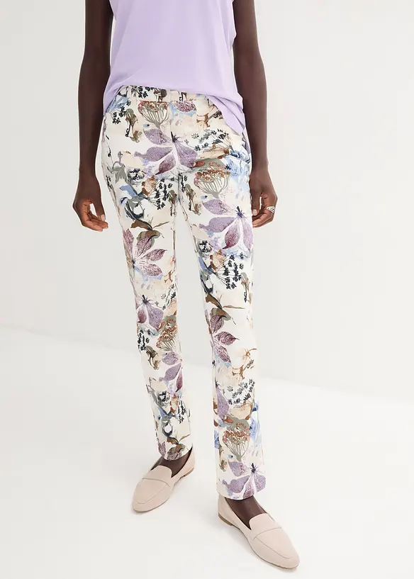 Stretch-Hose mit Blumen-Print in beige von vorne - bonprix Stretch-Hose mit Blumen-Print in beige von vorne - bonprix