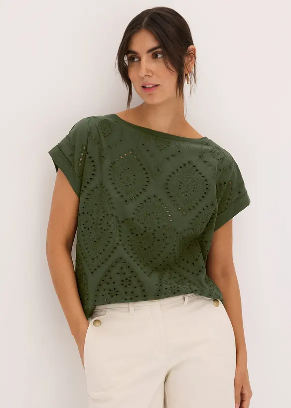 Shirt mit Lochspitze in grün von vorne (im Anschnitt) - bonprix