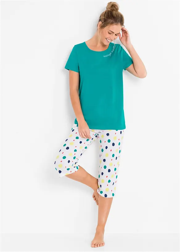 Capri Pyjama aus reiner Baumwolle in grün von vorne (Totalaufnahme) - bonprix