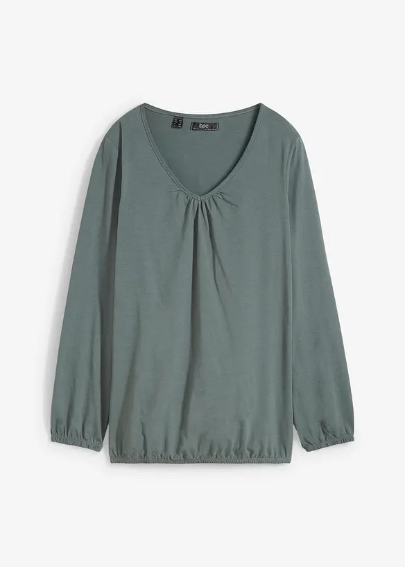 Langarmshirt mit Gummizug aus reiner Baumwolle in grün von vorne - bonprix