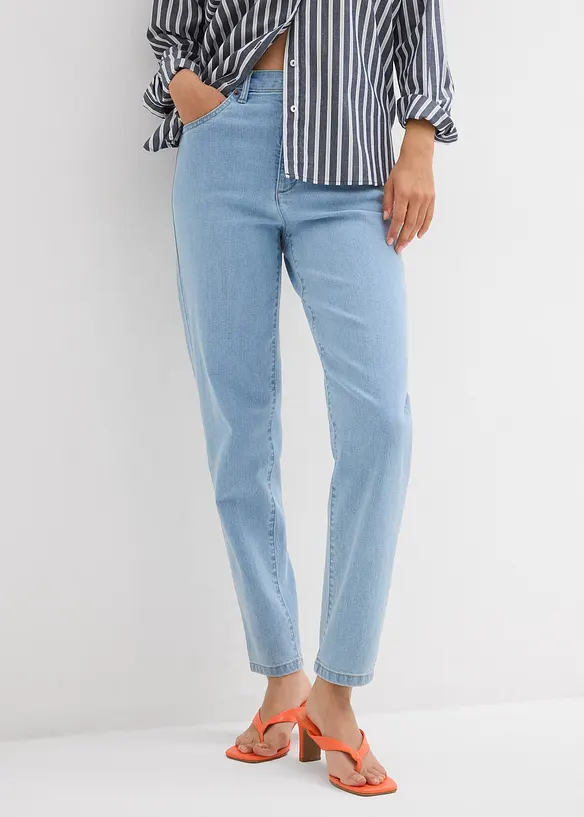 Mom Jeans High Waist, Stretch in blau von vorne - bonprix