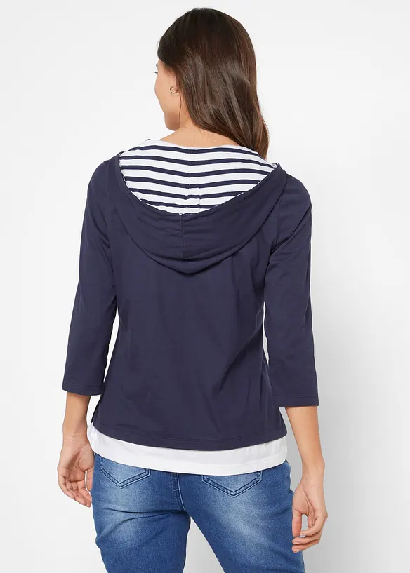 Kapuzen-Shirt, 3/4-Arm aus reiner Baumwolle in blau von hinten (im Anschnitt) - bonprix Kapuzen-Shirt, 3/4-Arm aus reiner Baumwolle in blau von hinten (im Anschnitt) - bonprix