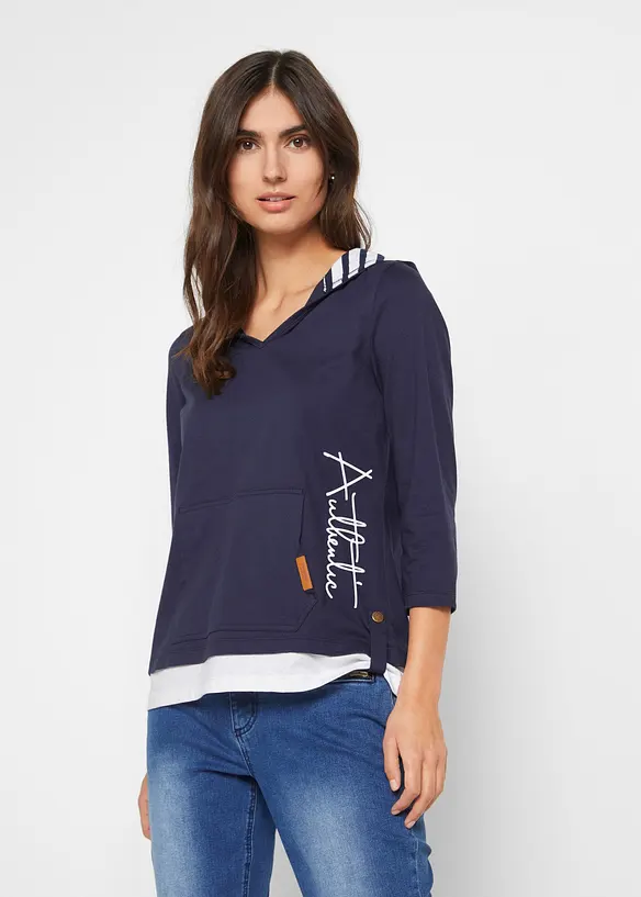 Kapuzen-Shirt, 3/4-Arm aus reiner Baumwolle in blau von vorne (im Anschnitt) - bonprix Kapuzen-Shirt, 3/4-Arm aus reiner Baumwolle in blau von vorne (im Anschnitt) - bonprix