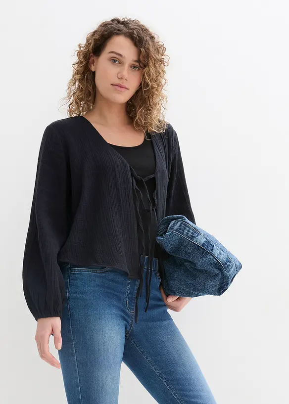 Musselin-Bolero aus reiner Baumwolle in schwarz von vorne (im Anschnitt) - bonprix