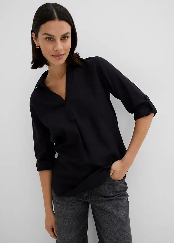 Leinen-Bluse, 3/4-Arm in schwarz von vorne (im Anschnitt) - bonprix