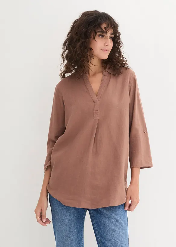 Leinen-Bluse, 3/4-Arm in braun von vorne (im Anschnitt) - bonprix