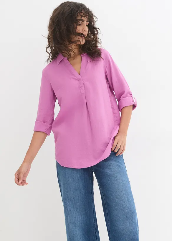 Leinen-Bluse, 3/4-Arm in pink von vorne (im Anschnitt) - bonprix