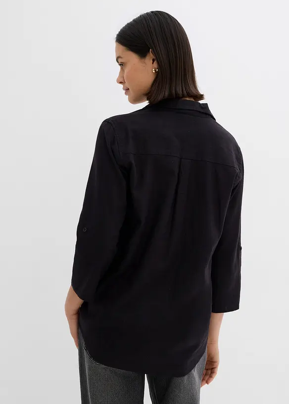 Leinen-Bluse, 3/4-Arm in schwarz von hinten (im Anschnitt) - bonprix
