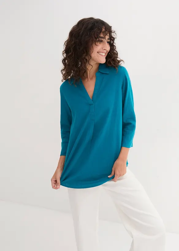 Leinen-Bluse, 3/4-Arm in petrol von vorne (im Anschnitt) - bonprix