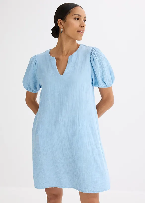 Kurzes Kleid aus Musselin in blau von vorne (Totalaufnahme) - bonprix