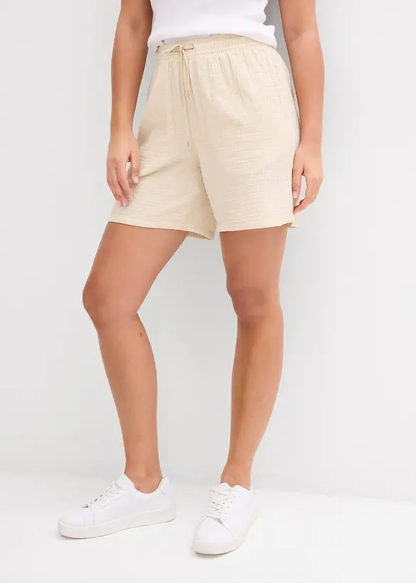 Musselin-Shorts aus reiner Baumwolle in beige von vorne - bonprix